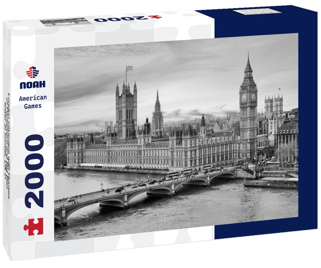 Noah Jigsaw Puzzle London cityscape with Houses of Parliament and Big Ben tower at sunset, UK in black white 2000 pieces