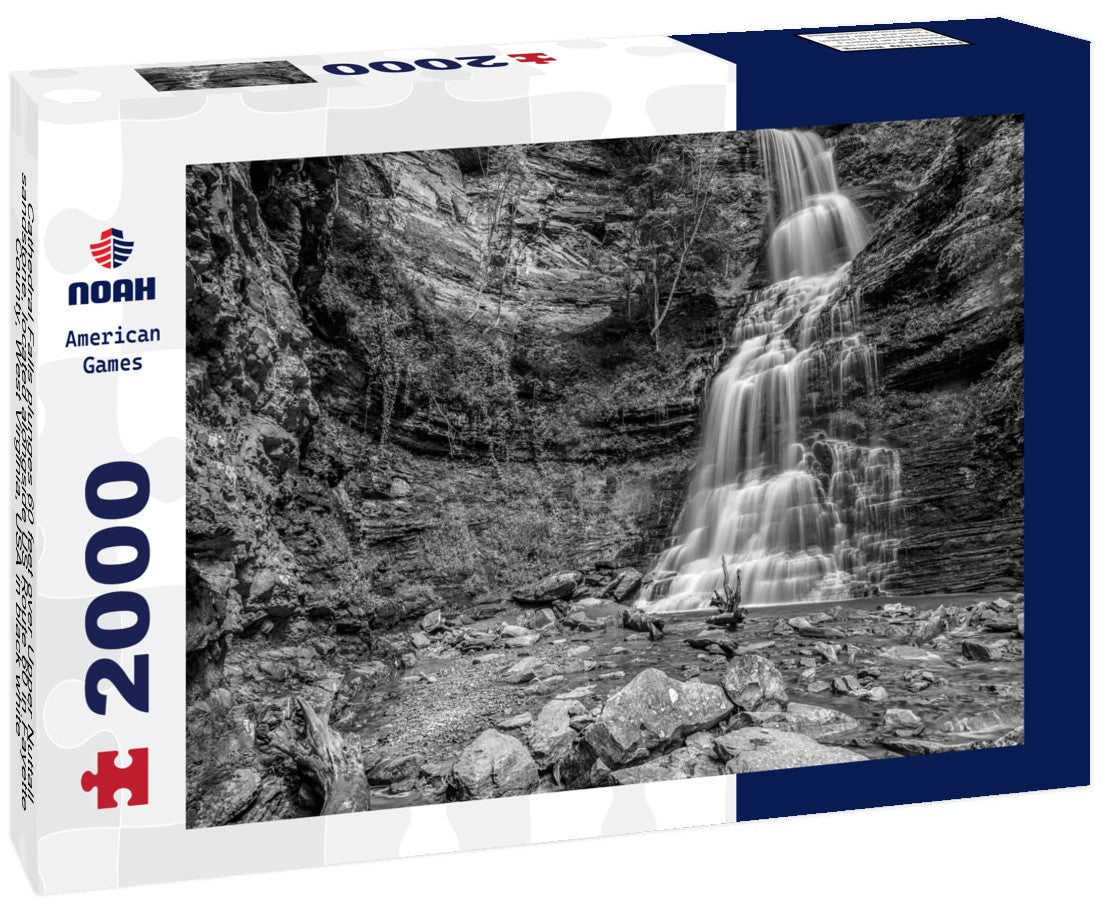 Noah Jigsaw Puzzle Cathedral Falls plunges 60 feet over Upper Nuttall sandstone, located alongside US Route 60 in Fayette County, West Virginia, USA in black white 2000 pieces