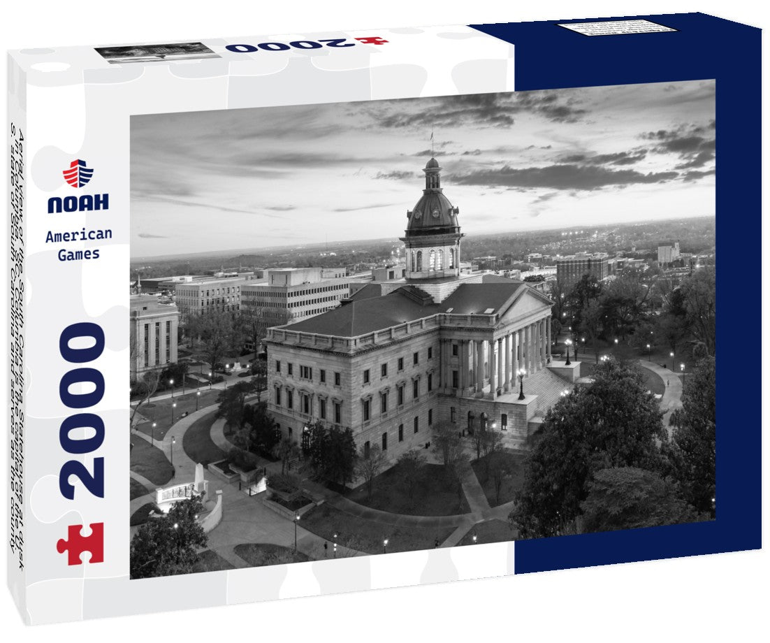 Noah Jigsaw Puzzle Aerial view of the South Carolina Statehouse at dusk in Columbia, SC. Columbia is the capital of the U.S. state of South Carolina and serves as the county seat of Richland County in black white 2000 pieces