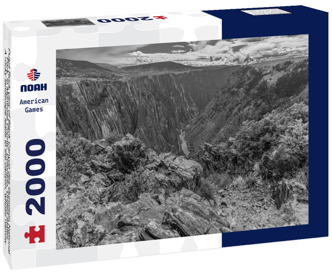 Noah Jigsaw Puzzle Pulpit Rock view of Black Canyon des Gunnison National Park, in Montrose County, Colorado, United States. A rocky landscape leads to the canyon, whose narrow Gunnison River lies far below in black white 2000 pieces