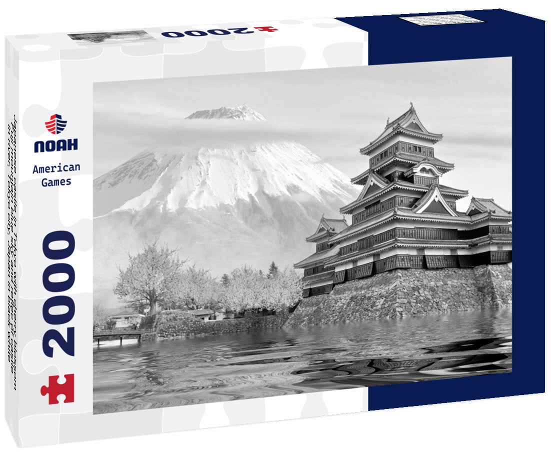 Noah Jigsaw Puzzle Japanese castle in Tokyo with cherry blossom, Fuji mountain blue sky and reflec of castle in river, Tokyo city, Japan in black white 2000 pieces