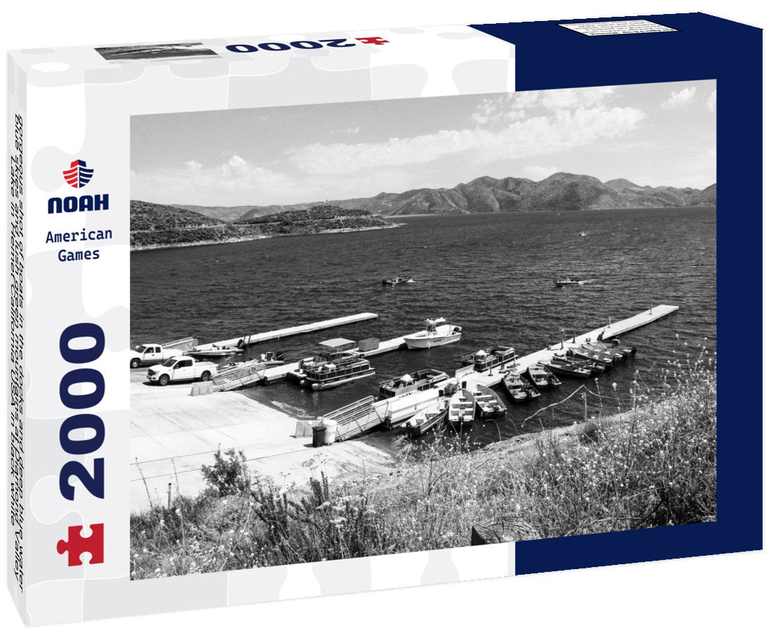 Noah Jigsaw Puzzle gorgeous shot of boats in the docks and deep blue water, blue skies and lush green mountains at Diamond Valley Lake in Hemet California USA in black white 2000 pieces