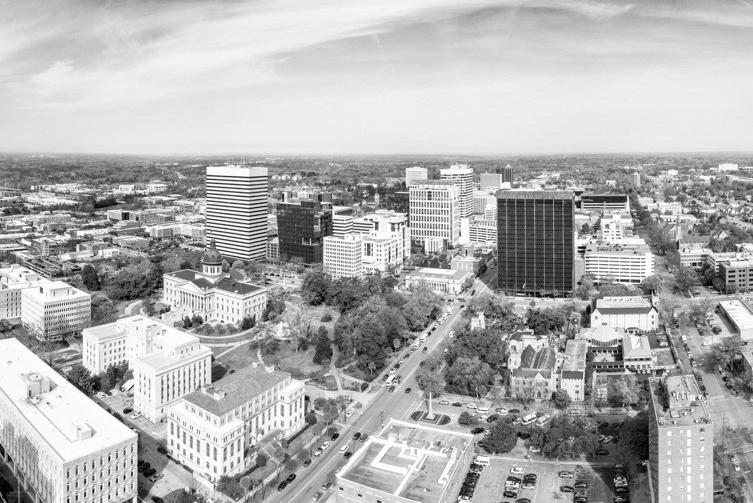 Drone the South Carolina Statehouse and Columbia skyline on a sunny morning. Columbia is the capital of the U.S. state of South Carolina and serves as the county seat of Richland County 2000pc PuzzleBlack and White