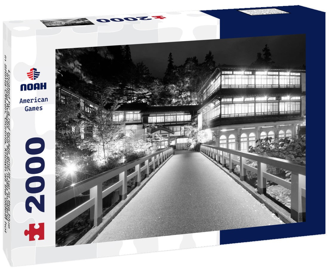 Noah Jigsaw Puzzle Located by a red bridge and lit up in the blue evening twilight, the historic main building in Shima-Onsen, Gunma, known as the oldest hot spring hotel in Japan in black white 2000 pieces