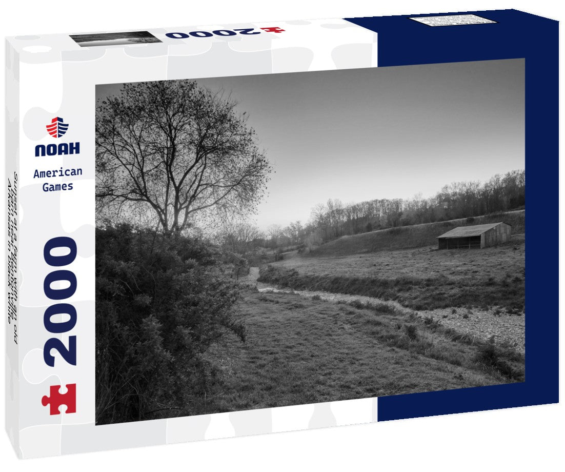 Noah Jigsaw Puzzle Sunset at a farm with an old barn near Bentonville, Arkansas in black white 2000 pieces
