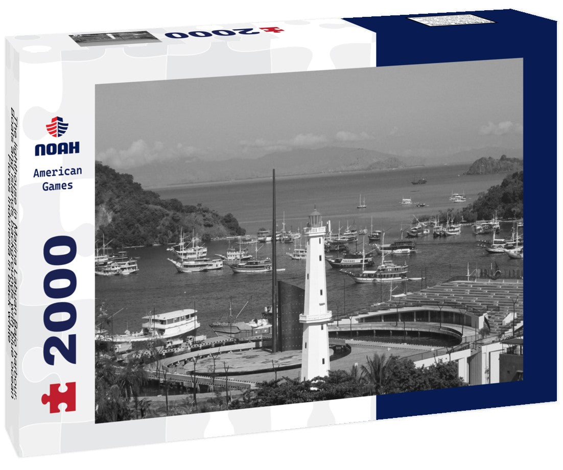 Noah Jigsaw Puzzle The lighthouse in Marina Labuan Bajo harbour. Boats and islands backgrounds with blue ocean Flores Indonesia in black white 2000 pieces