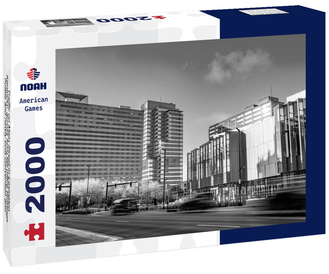 Noah Jigsaw Puzzle Traffic on Main Street in Lexington, Kentucky, across from tall office buildings, hotels and newly built convention and sports arena in black white 2000 pieces