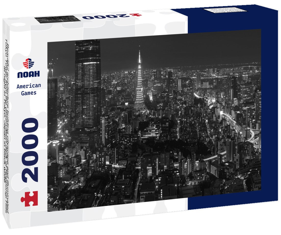 Noah Jigsaw Puzzle Beautiful architecture building cityscape and illuminated Tokyo Tower from the observation deck of Roppongi Hills at night in Tokyo, Japan in black white 2000 pieces