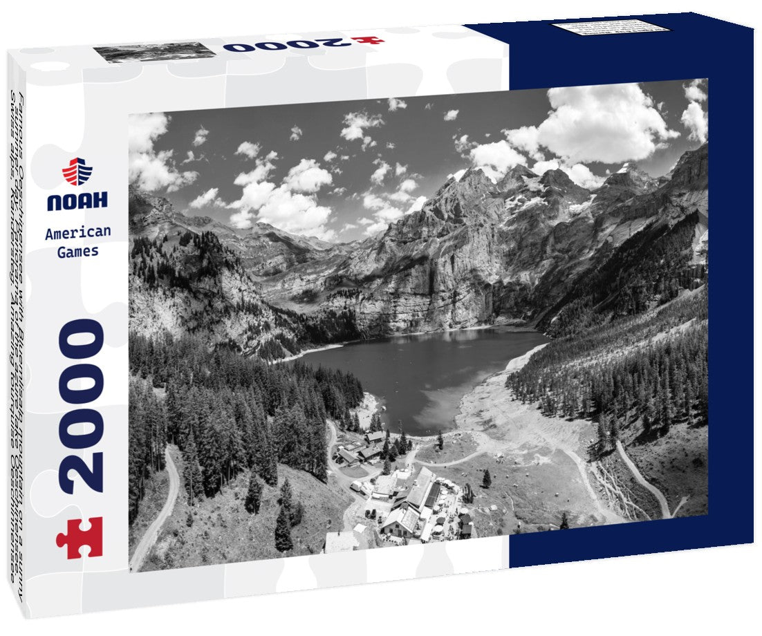 Noah Jigsaw Puzzle Famous Oeschinensee with Bluemlisalp mountain on a sunny summer day. Panorama of the azure lake Oeschinensee. Swiss alps, Kandersteg. Amazing tourquise Oeschinnensee with waterfalls, Switzerland in black white 2000 pieces