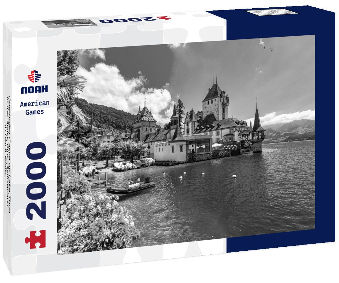Noah Jigsaw Puzzle Oberhofen Castle on Lake Thun in the Swiss Alps, Switzerland in black white 2000 pieces