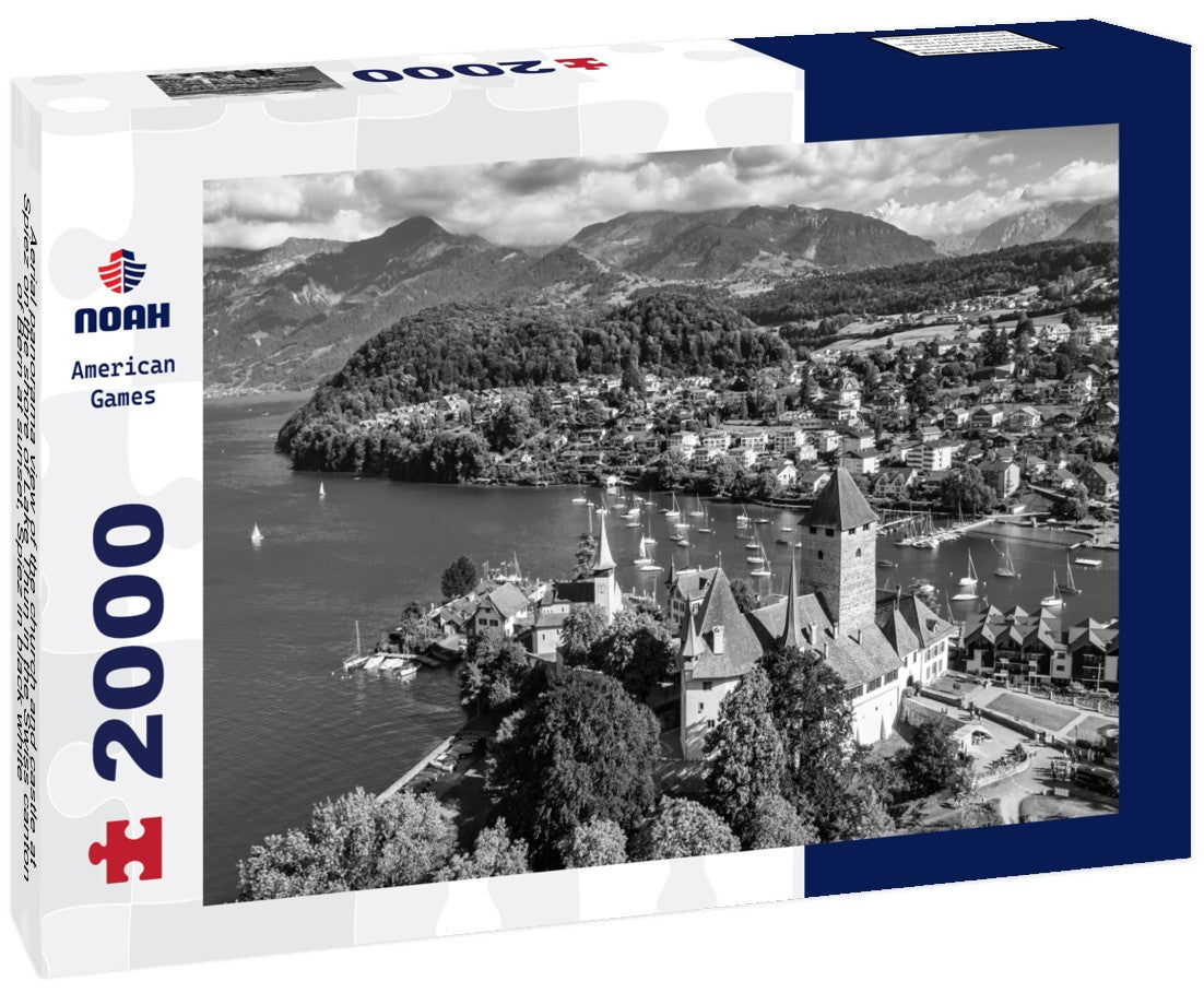 Noah Jigsaw Puzzle Aerial panorama view of the church and castle at Spiez on the shore of Lake Thun in the Swiss canton of Bern at sunset, Spiez in black white 2000 pieces