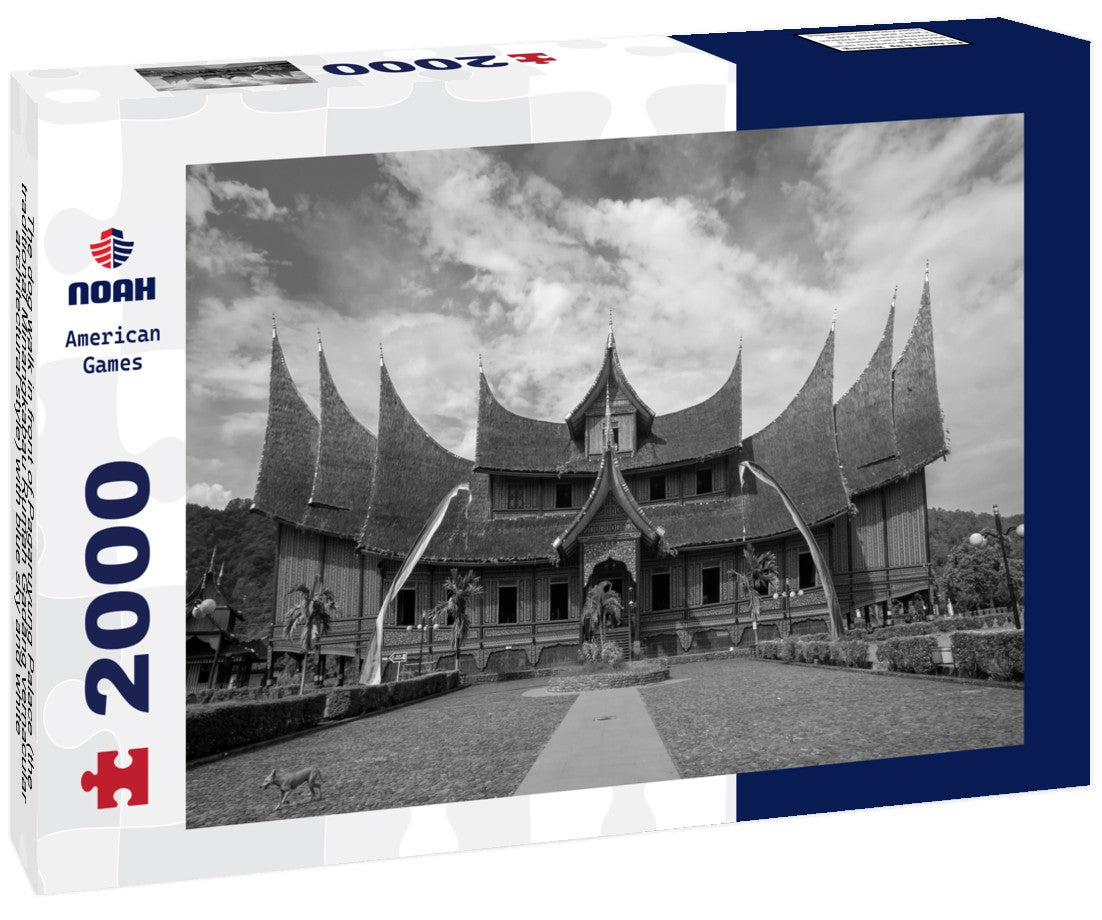 Noah Jigsaw Puzzle The dog walk in front of Pagaruyung Palace (the traditional Minangkabau Rumah Gadang vernacular architectural style) with blue sky and white clouds background in black white 2000 pieces