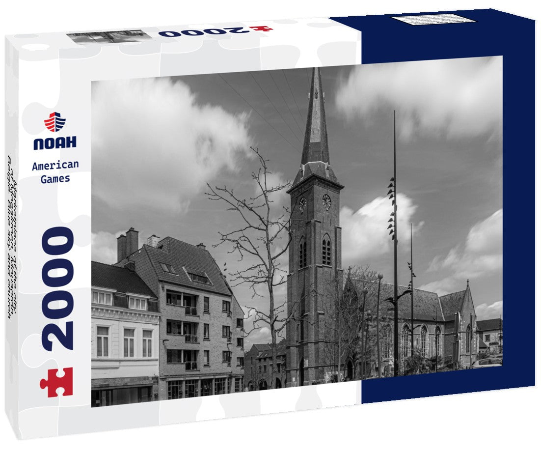 Noah Jigsaw Puzzle Marketplace of the city of Moeskroen, Mouscron België. Blue sky and church in black white 2000 pieces