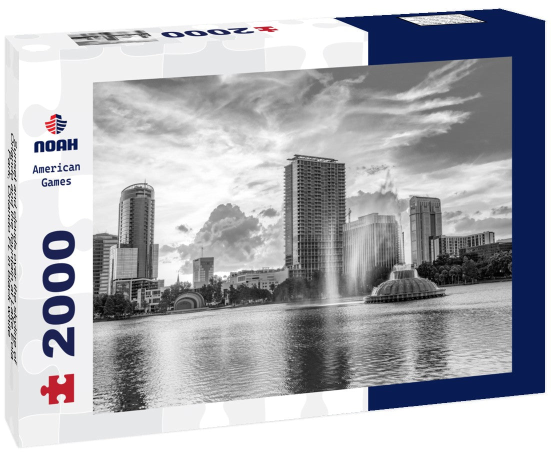 Noah Jigsaw Puzzle Sunset and clouds over the skyline of Orlando and the fountain at Lake Eola Park, Orlando FL in black white 2000 pieces