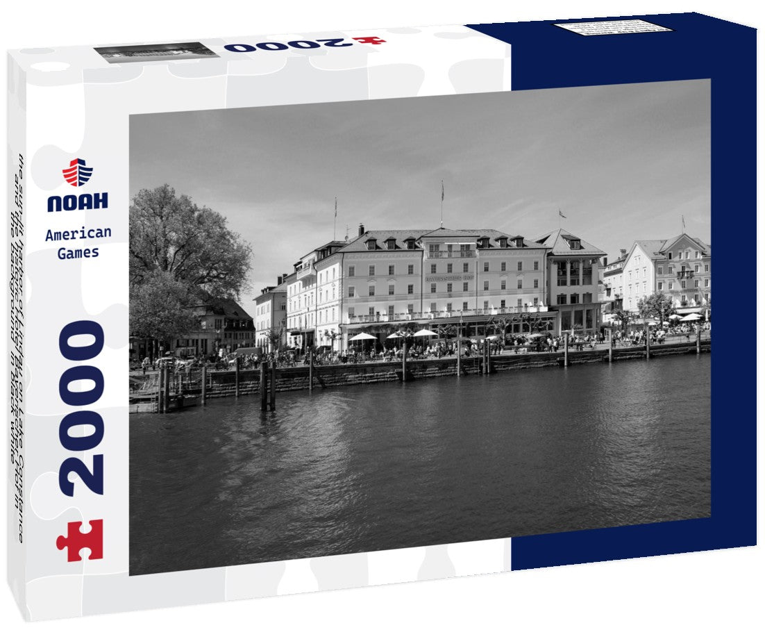 Noah Jigsaw Puzzle the sun-lit harbor of Lindau on Lake Constance and the historic Hotel Bayerischer Hof in the background in black white 2000 pieces