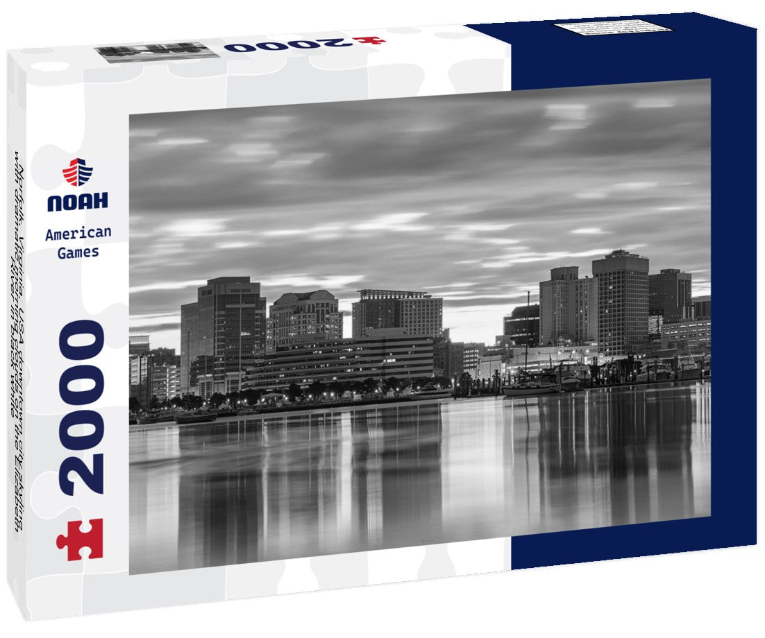 Noah Jigsaw Puzzle Norfolk, Virginia, USA downtown city skyline with dramatic morning clouds on the Elizabeth River in black white 2000 pieces