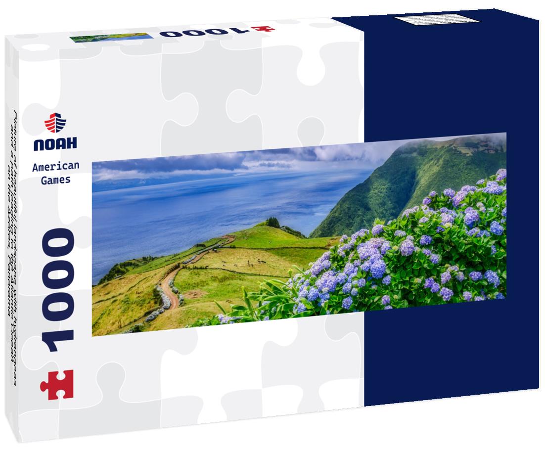Noah Jigsaw Puzzle Picture of beautiful landscape with hydrangeas and a path leading to the Atlantic Ocean on the Azores, Panorama Panorama 1000 Pieces