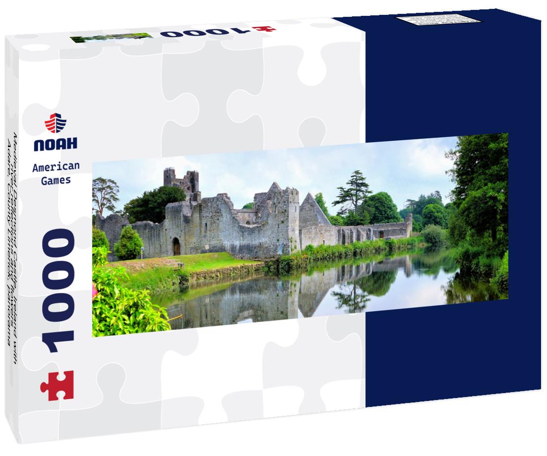Noah Jigsaw Puzzle Medieval Desmond Castle, Ireland with river reflections and flowers, Adare, County Limerick, panorama Panorama 1000 Pieces