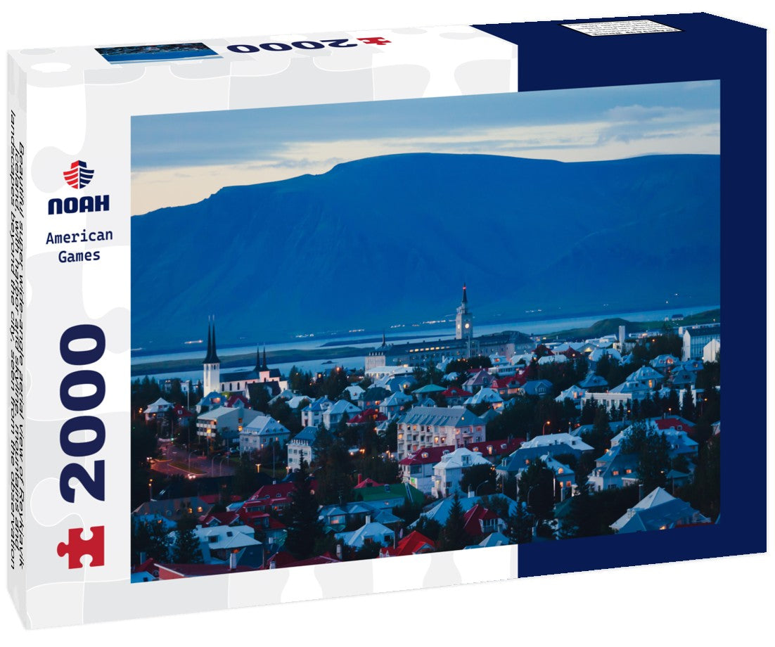 Noah Jigsaw Puzzle Beautiful super wide-angle aerial view of Reykjavik, Iceland, with harbor and skyline, mountains and landscapes beyond the city, seen from the observation tower of Hallgrimskirkja Cathedral 2000 Pieces