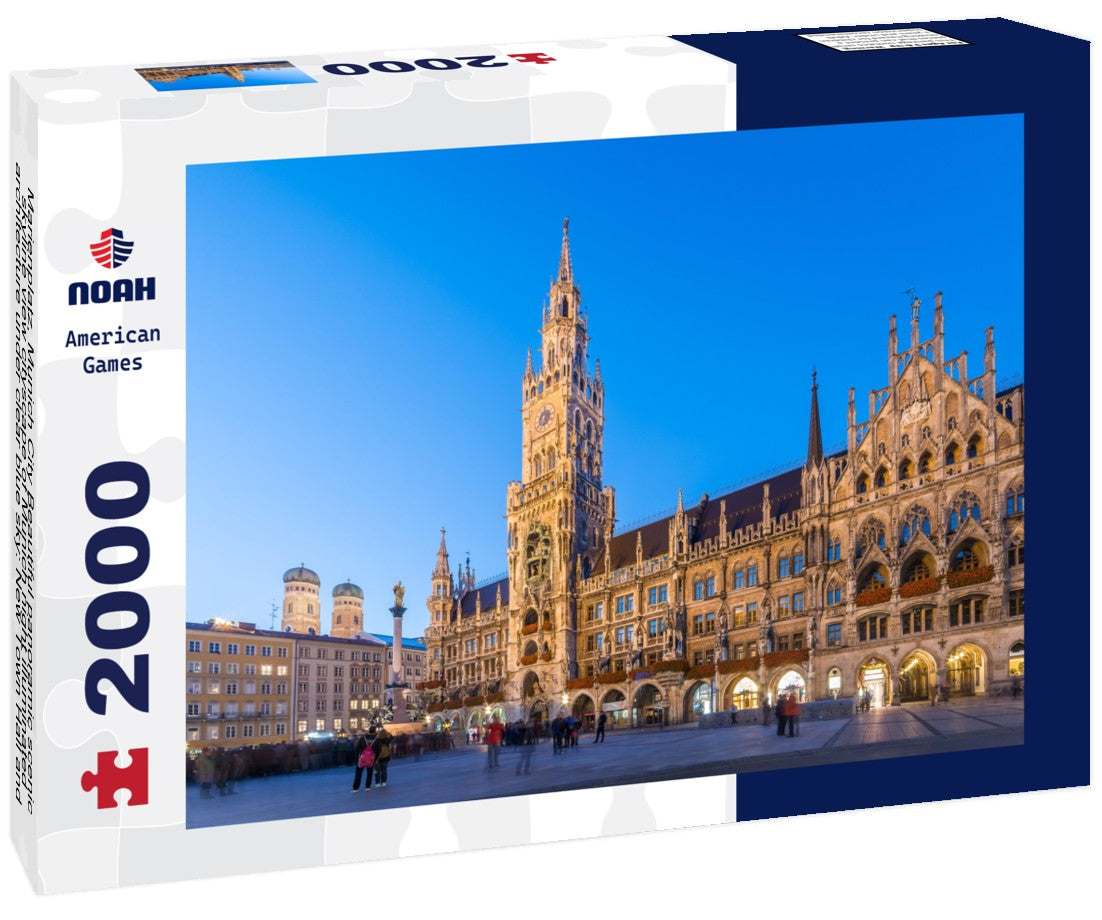Noah Jigsaw Puzzle Marienplatz, Munich City Beautiful panoramic scenic skyline view cityscape of Munich night illuminated architecture under clear blue sky: New Town Hall and Frauenkirche at night, Bavaria, Germany 2000 Pieces