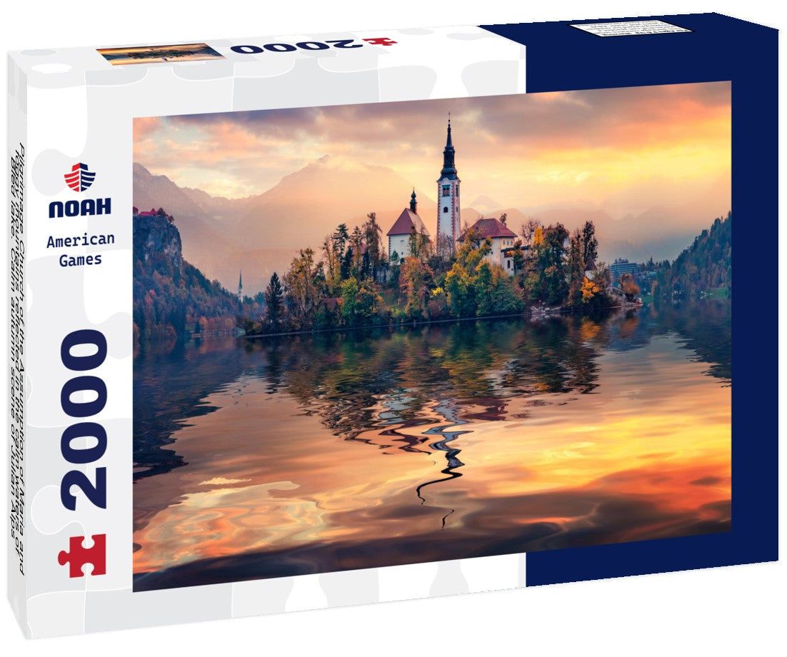 Noah Jigsaw Puzzle Pilgrimage Church of the Assumption of Maria and foggy mountains reflected in the calm waters of Bled lake. Calm autumn scene of Julian Alps 2000 pieces