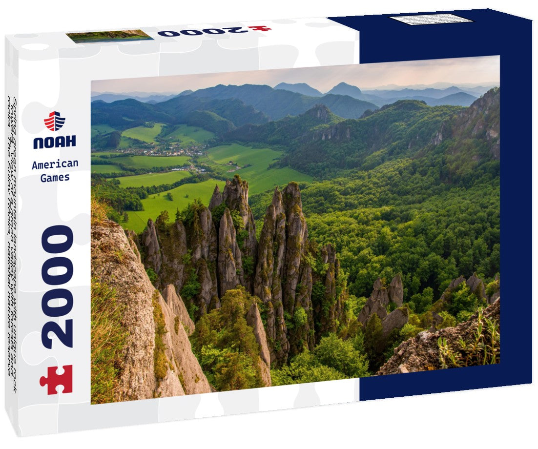 Noah Jigsaw Puzzle Spring green mountain landscape with unique rock towers. View of a green valley with forests and rocks. The Sulov Rocks, national nature reserve in northwest of Slovakia, Europe 2000 pieces