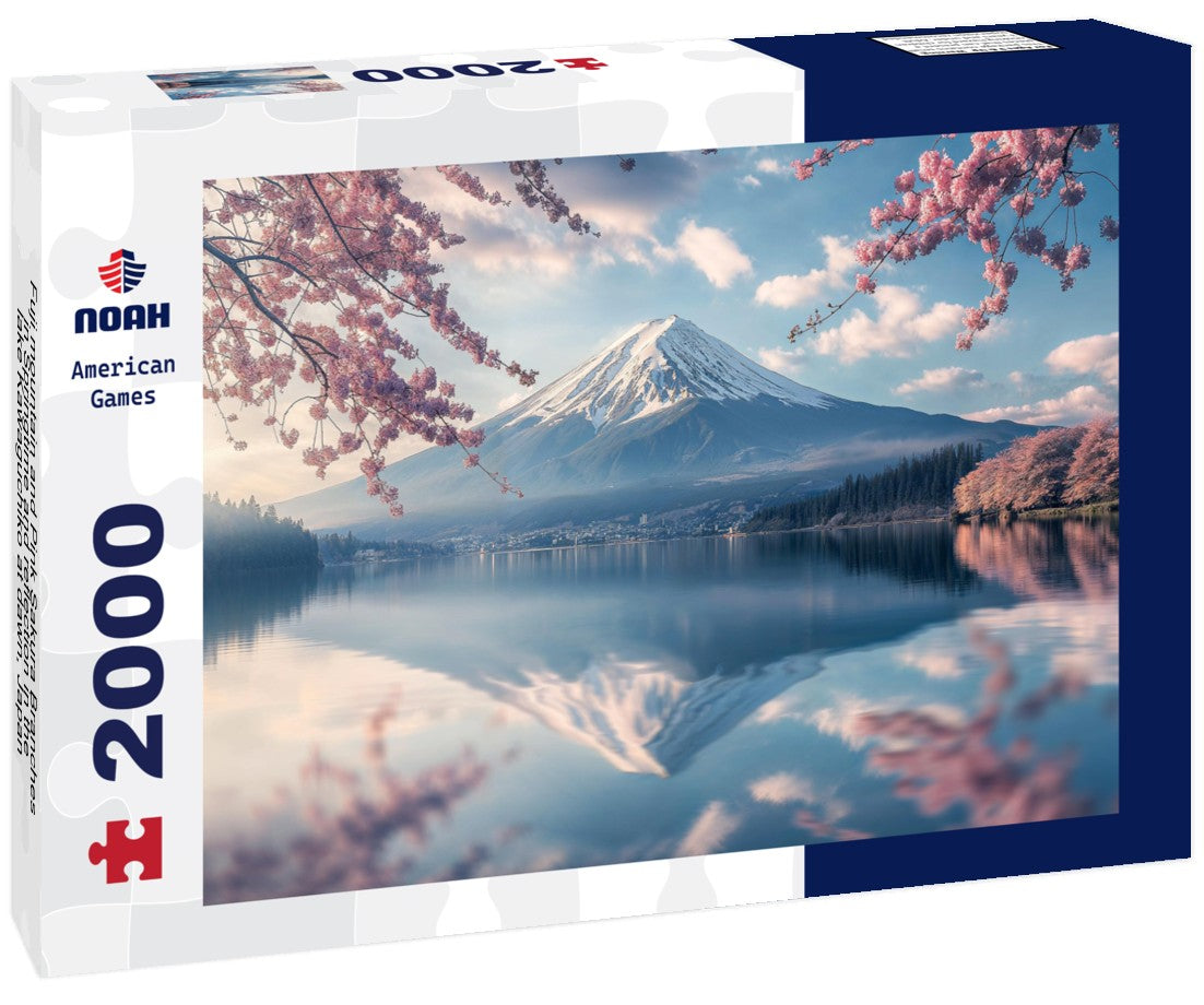 Noah Jigsaw Puzzle Fuji mountain and Pink Sakura Branches in Springtime and reflection in the lake Kawaguchiko at dawn, Japan 2000 pieces