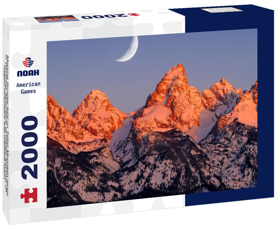 Noah Jigsaw Puzzle Morning Sunrise light on Teton Mountain range in Wyoming Alpen glow of orange and pink on rugged mountains with crescent moon 2000 pieces