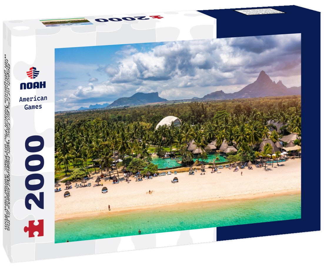 Noah Jigsaw Puzzle Beach of Flic en Flac with beautiful peaks in the background, Mauritius. Beautiful Mauritius Island with gorgeous beach Flic en Flac, aerial view from drone. Flic en Flac Beach, Mauritius Island 2000 pieces
