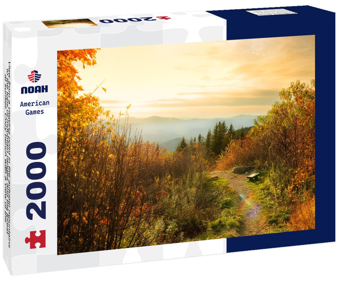 Noah Jigsaw Puzzle View from a viewing point in the autumn mountains to the tops of mountain ranges and the forest at sunset. Cozy bench with a view of the mountains. Vermont. USA 2000 pieces