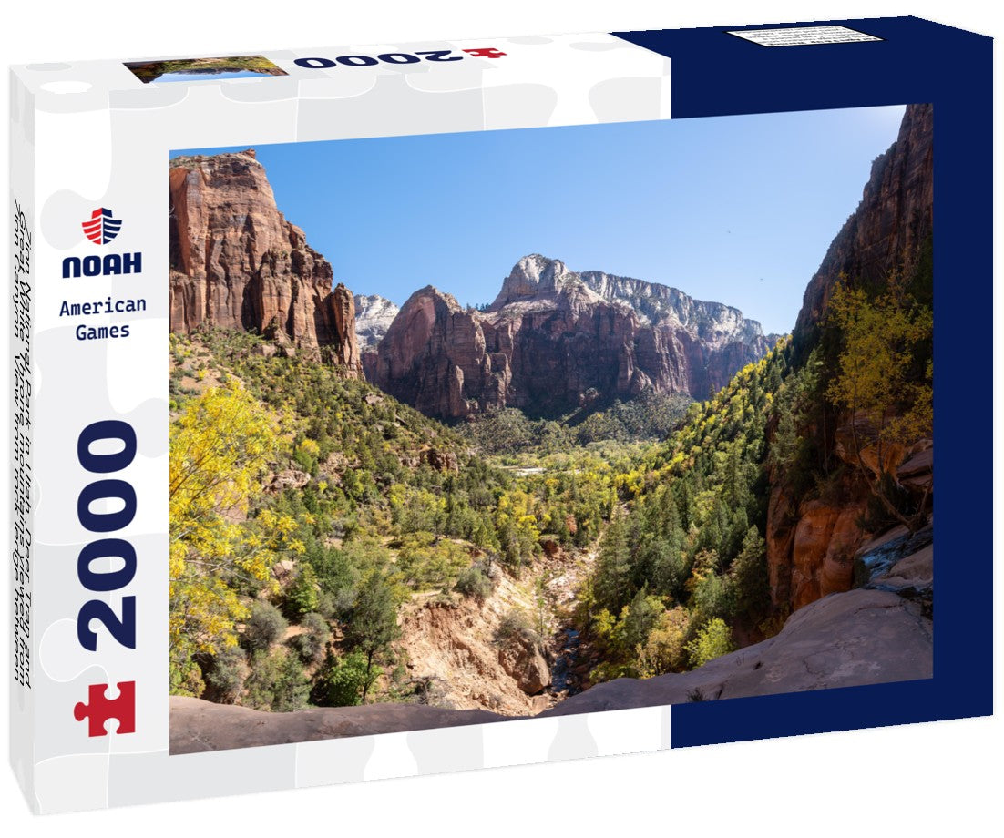 Noah Jigsaw Puzzle Zion National Park in Utah. Deer Trap and Great White Throne mountains viewed from Zion Canyon. View from rock ledge between Lower and Middle Emerald Pools 2000 pieces
