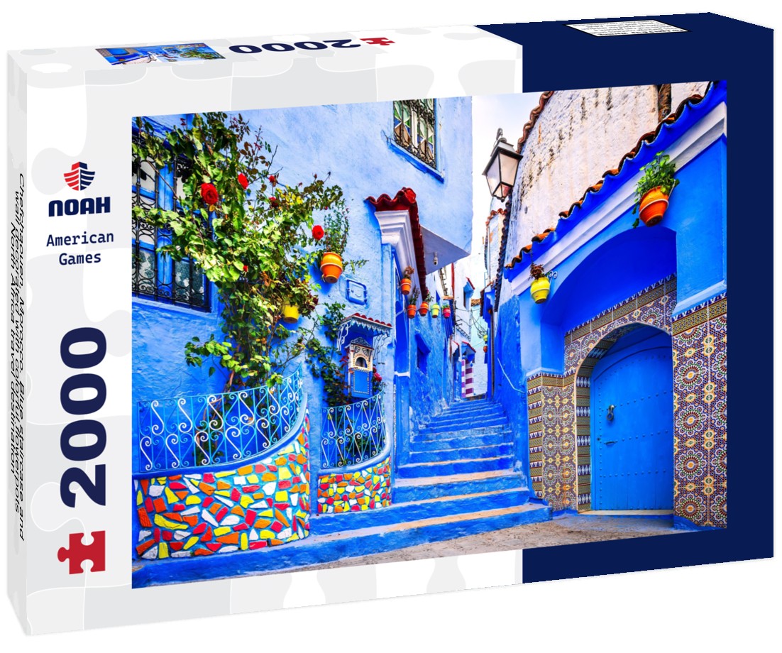 Noah Jigsaw Puzzle Chefchaouen, Morocco. Blue staircase and wall decorated with colorful flowerpots, North Africa travel destination 2000 pieces