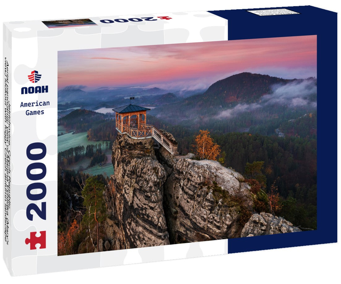 Noah Jigsaw Puzzle Jetrichovice, Czech Republic - Aerial panoramic view of Mariina Vyhlidka (Mary's view) lookout with foggy Czech autumn landscape and colorful pink sunrise sky in Bohemian Switzerland region 2000 pieces
