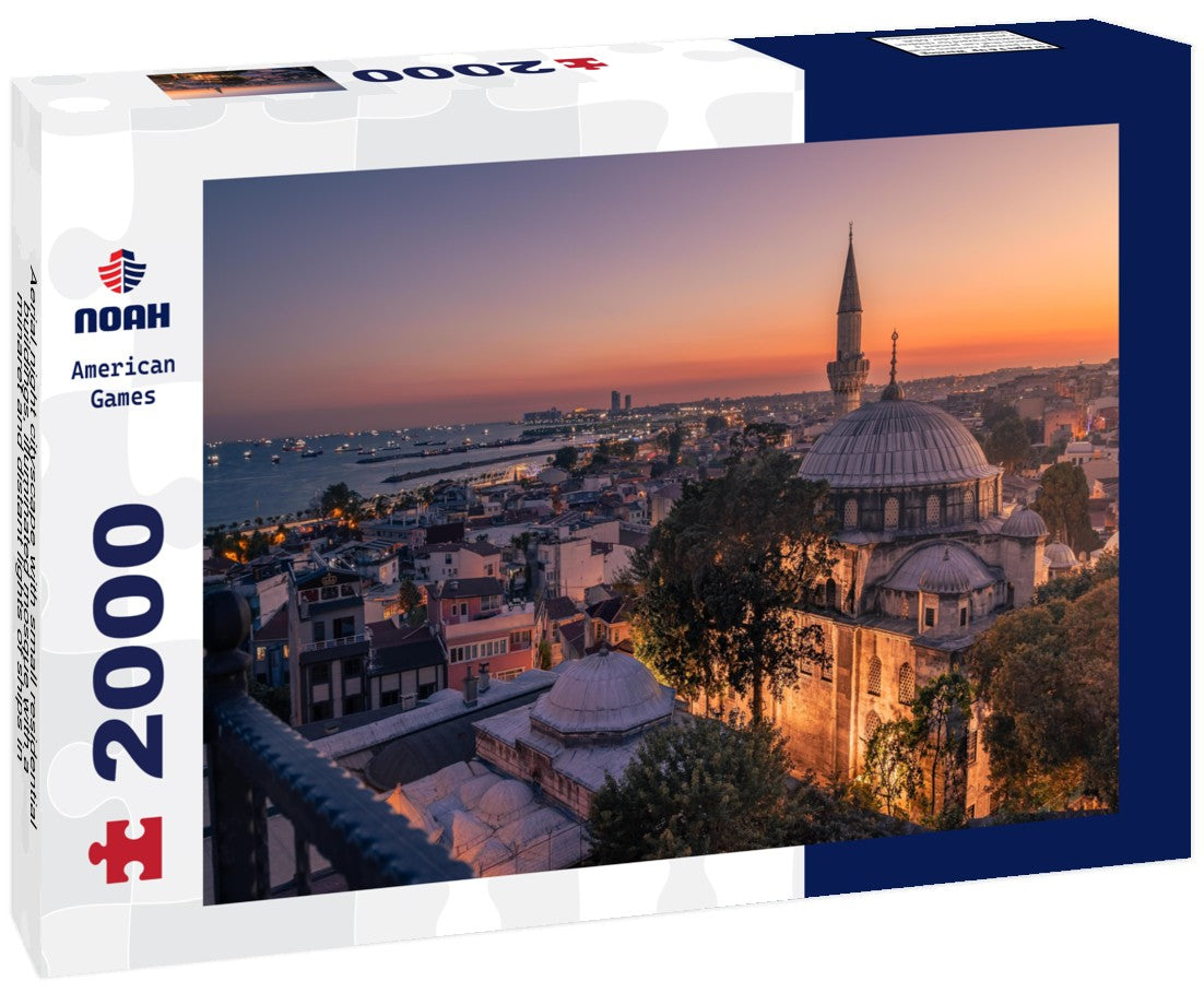Noah Jigsaw Puzzle Aerial night cityscape with small residential buildings, illuminated mosque with a minaret and distant lights of ships in the sea, Istanbul, Turkey 2000 pieces