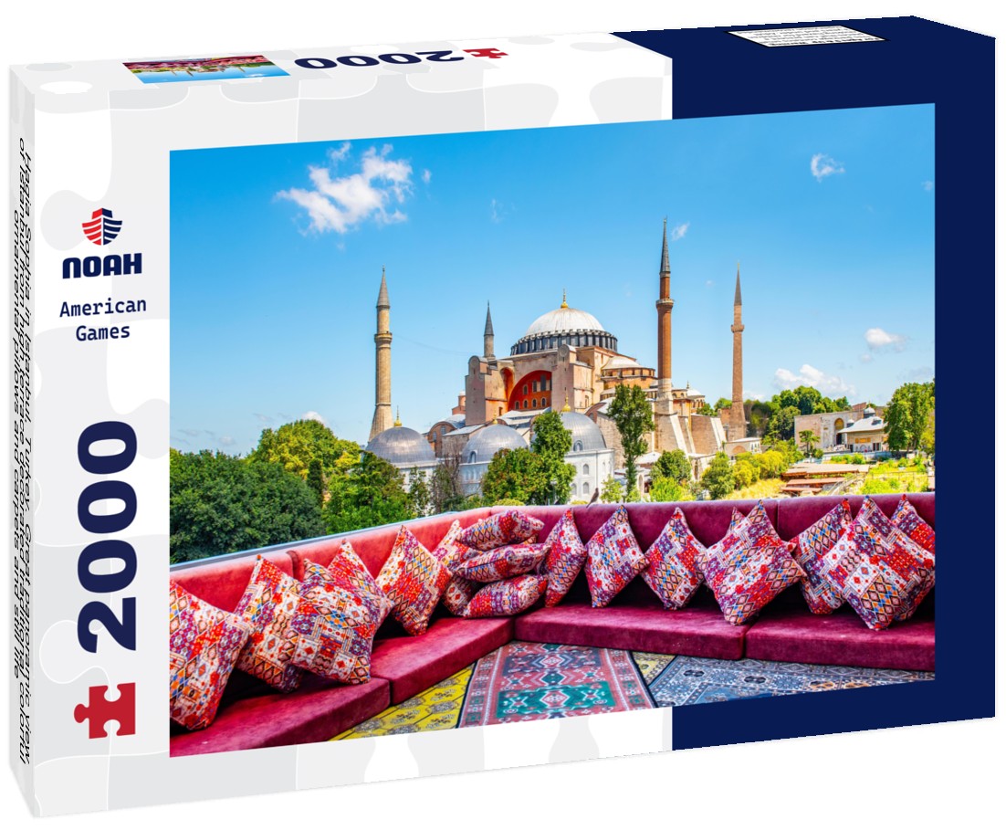 Noah Jigsaw Puzzle Hagia Sophia in Istanbul, Turkey. Great panoramic view of Istanbul from high terrace decorated traditional colorful ornamental pillows and carpets and still life 2000 pieces