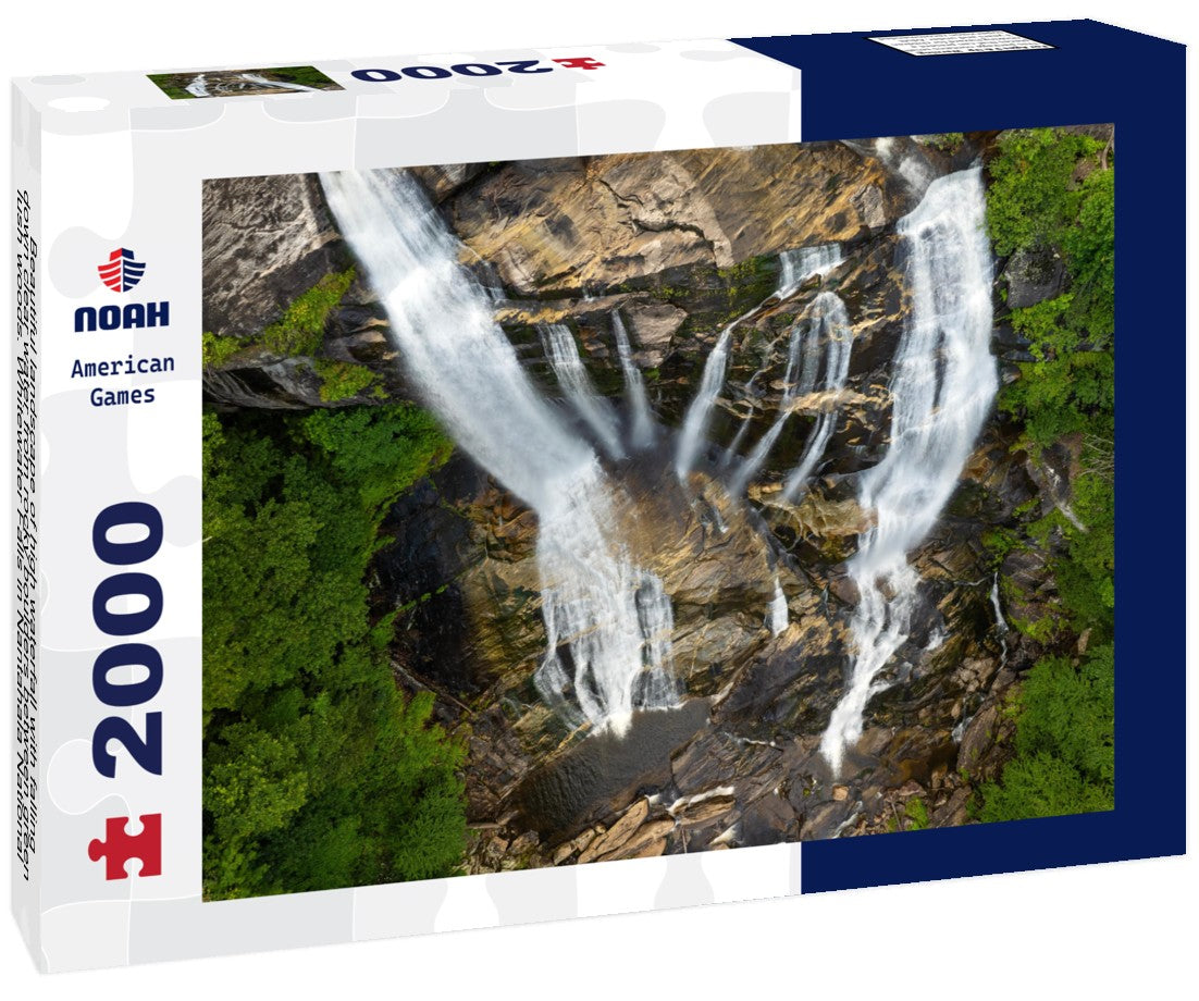 Noah Jigsaw Puzzle Beautiful landscape of high waterfall with falling down clear water from rocky boulders between green lush woods. Whitewater Falls in Nantahala National Forest, North Carolina, USA 2000 pieces