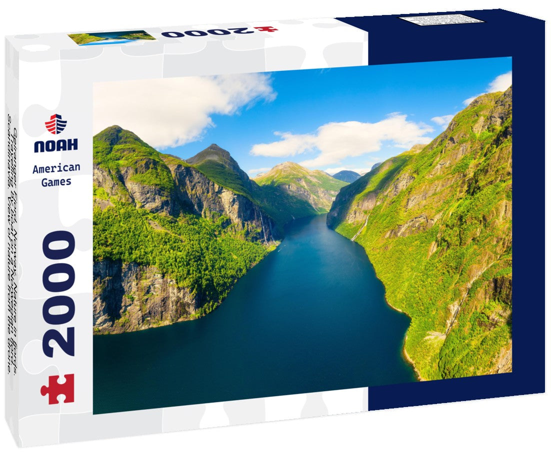 Noah Jigsaw Puzzle Geiranger Fjord, Norway. Nature in fjords. Traveling by boat on a Norwegian fjord. Scandinavia. View of nature from the drone. Seven Sisters Waterfall 2000 pieces