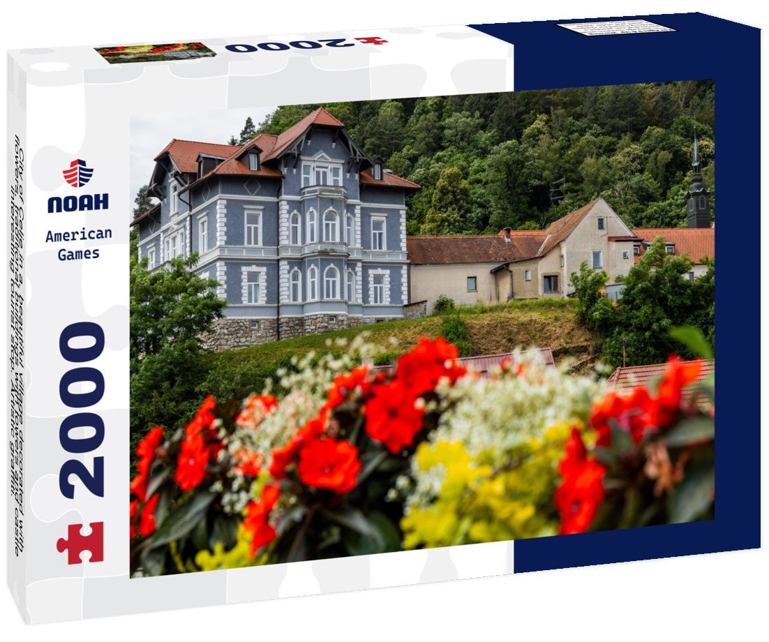 Noah Jigsaw Puzzle City of Celje in a, beautiful village decorated with flowers, traditional buildings with towers and castle, interesting tourist stop. Artistic graffiti. Main street with church and gold statue 2000 pieces