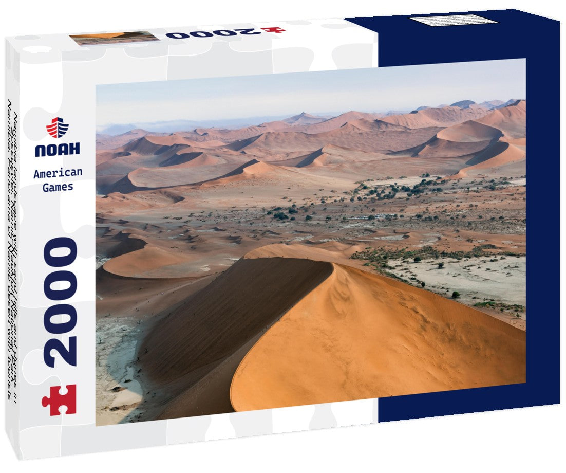 Noah Jigsaw Puzzle Namibia landscape with sand hills and dunes in Sossusvlei, Namib-Naukluft National Park, Namibia. Panorama of Namib desert with tourists walking up to red sand dunes at sunrise 2000 pieces
