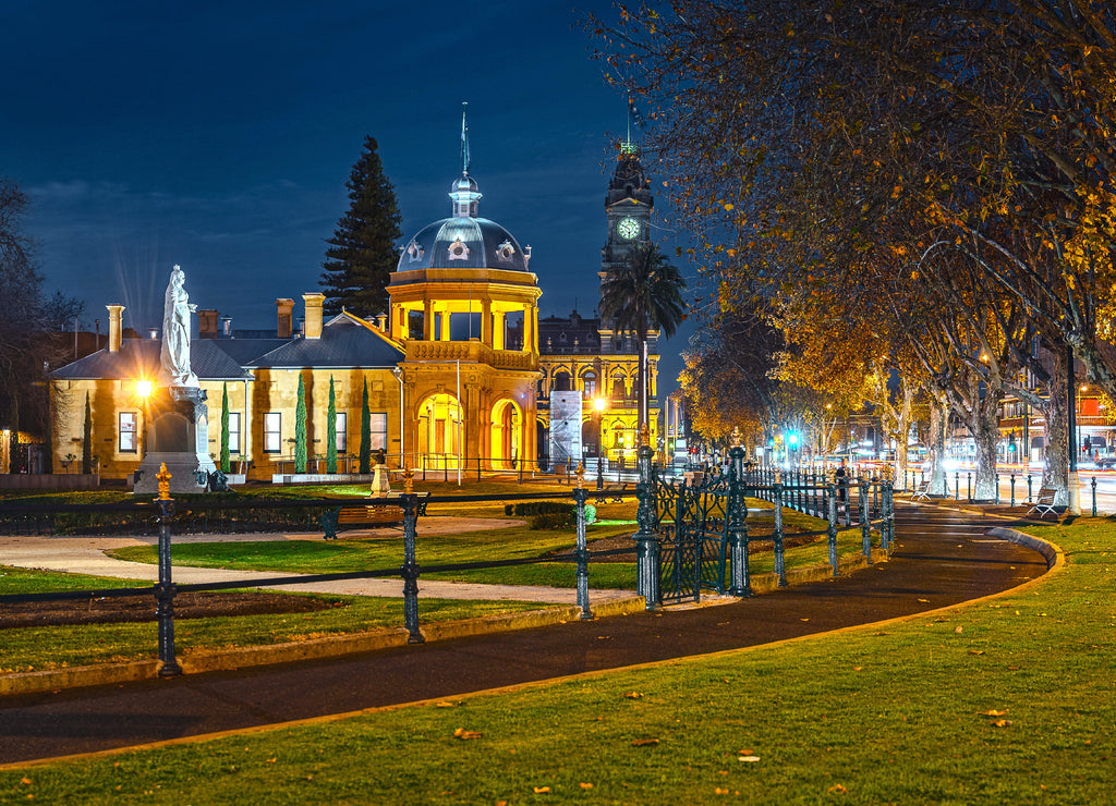 Bendigo, Victoria, Australia - Soldiers Memorial Institute Military Museum with historical post office in the background