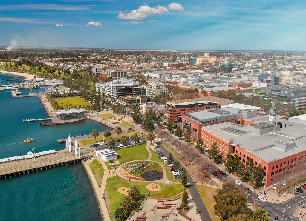 Geelong, Australia. Aerial view of city coastline