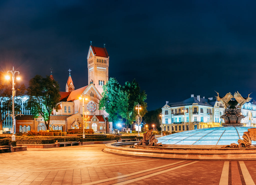 Minsk, Belarus. Night View Church Of Saints Simon And Helen Or Red Church