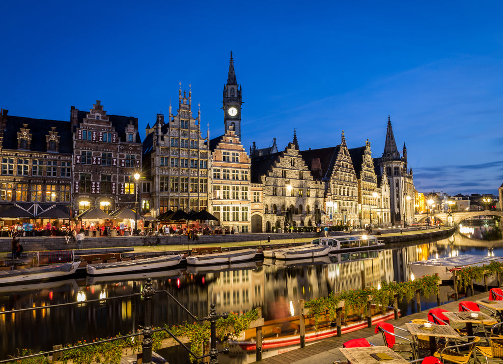 Picturesque medieval buildings overlooking the "Graslei harbor" on Leie river in Ghent town, Belgium, Europe