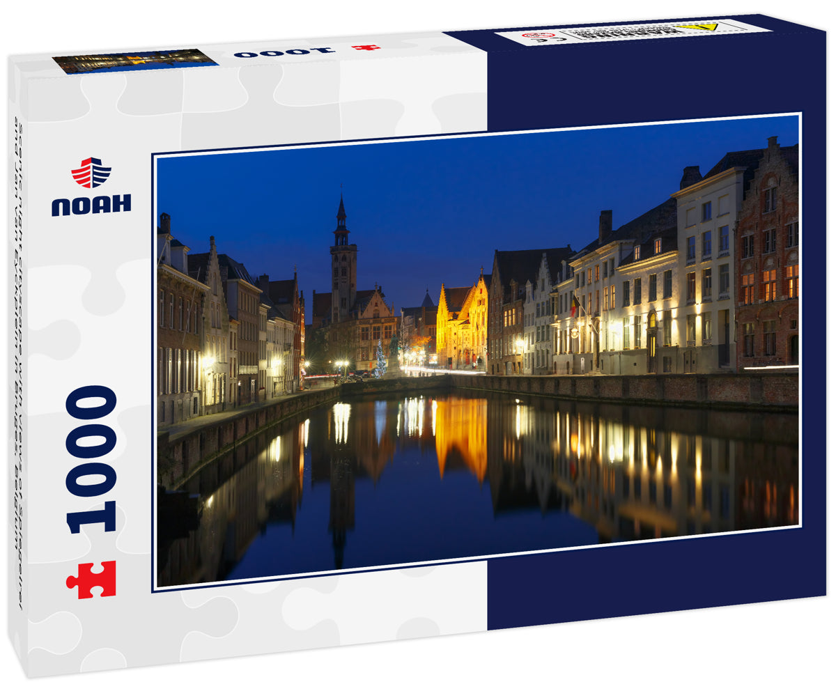 Scenic night cityscape with views of Spiegelrei and Jan van Eyckplein in Bruges, Belgium