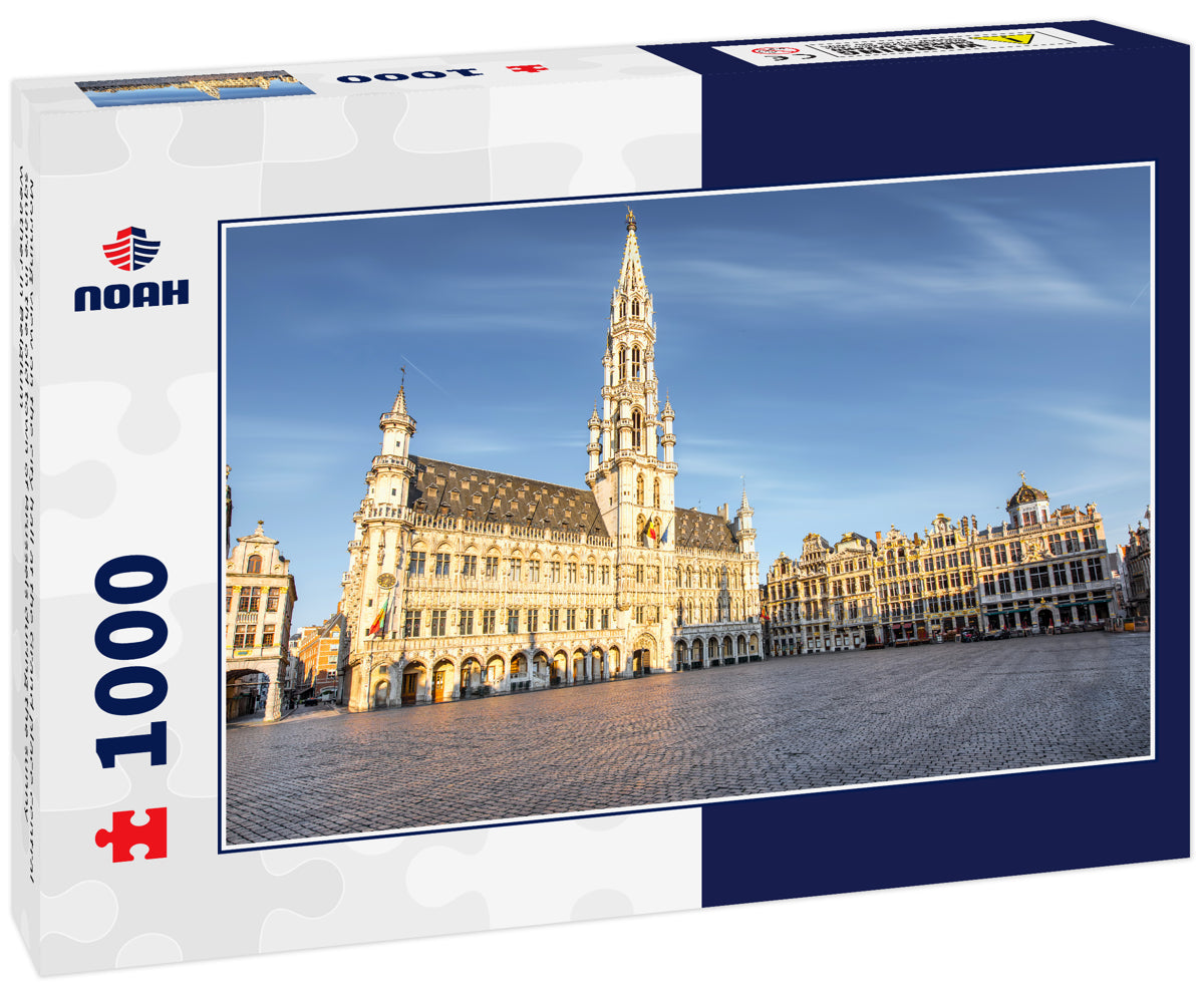 Morning view on the city hall at the Grand place central square in the old town of Brussels during the sunny weather in Belgium