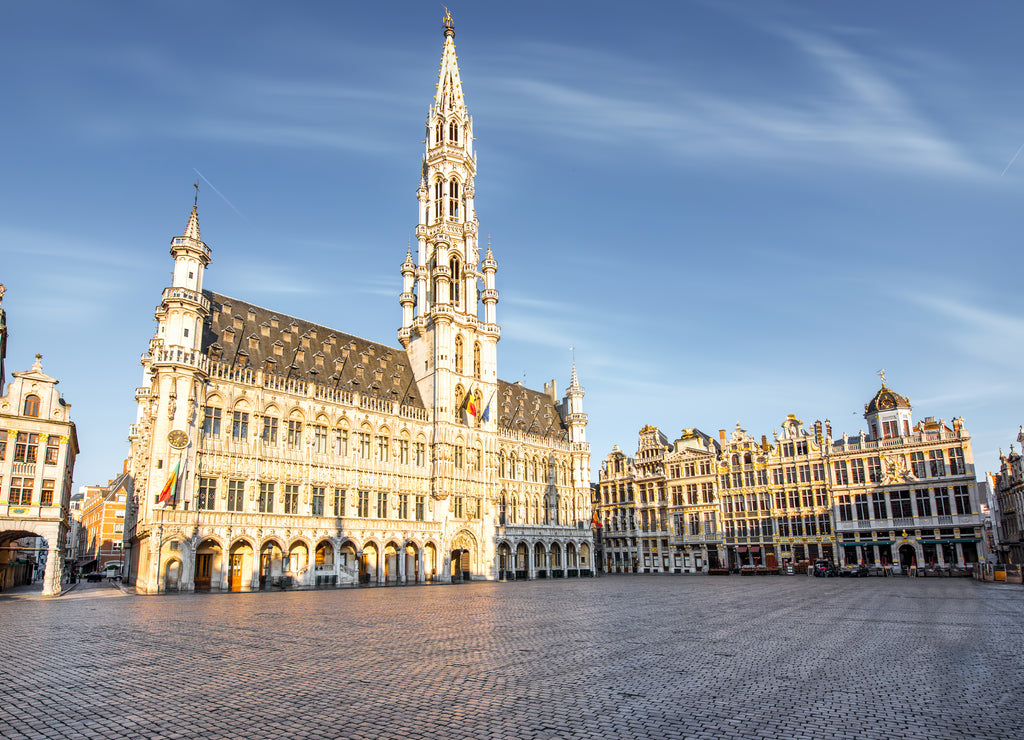 Morning view on the city hall at the Grand place central square in the old town of Brussels during the sunny weather in Belgium