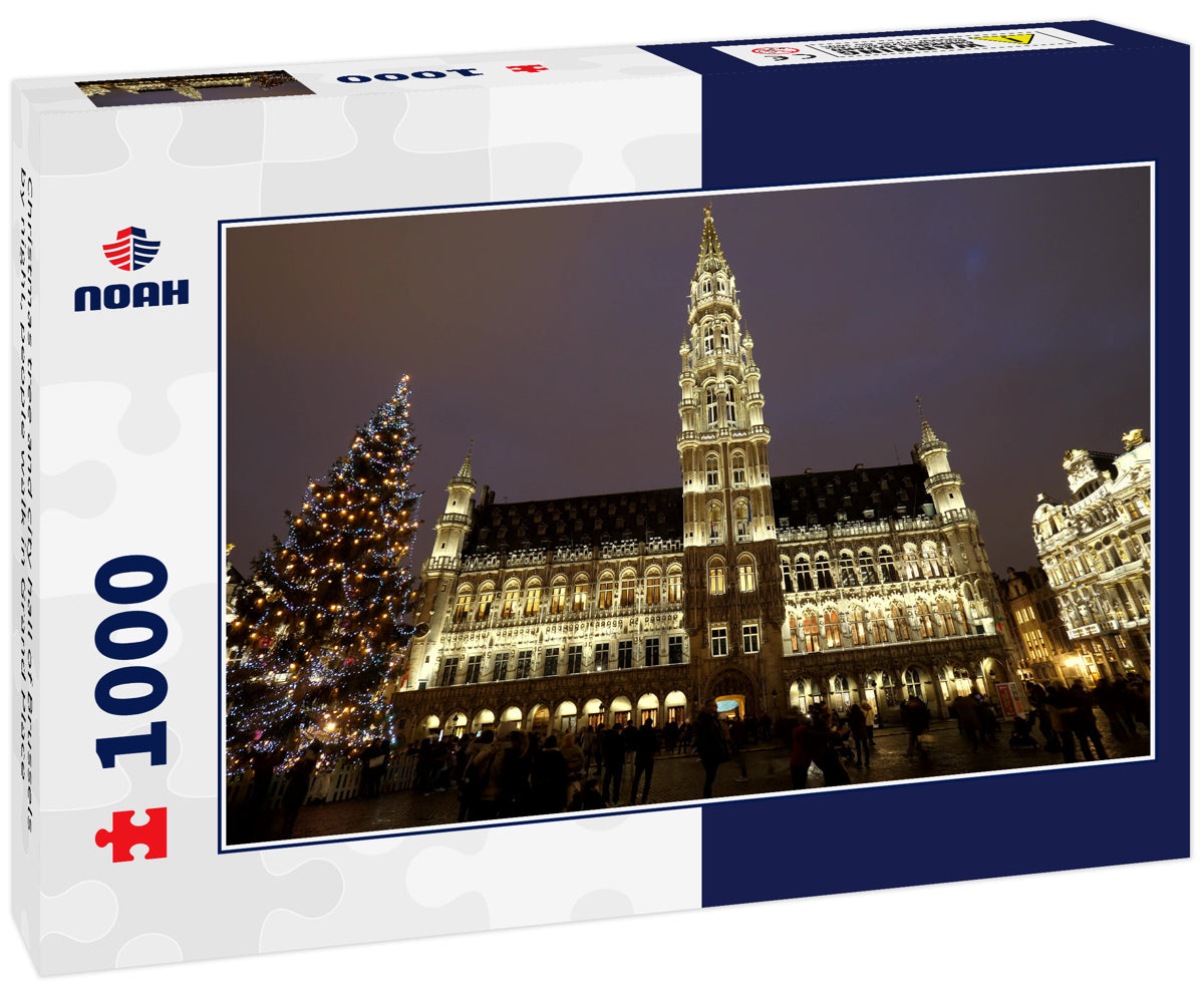 Christmas tree and city hall of Brussels by night, people walk in Grand Place