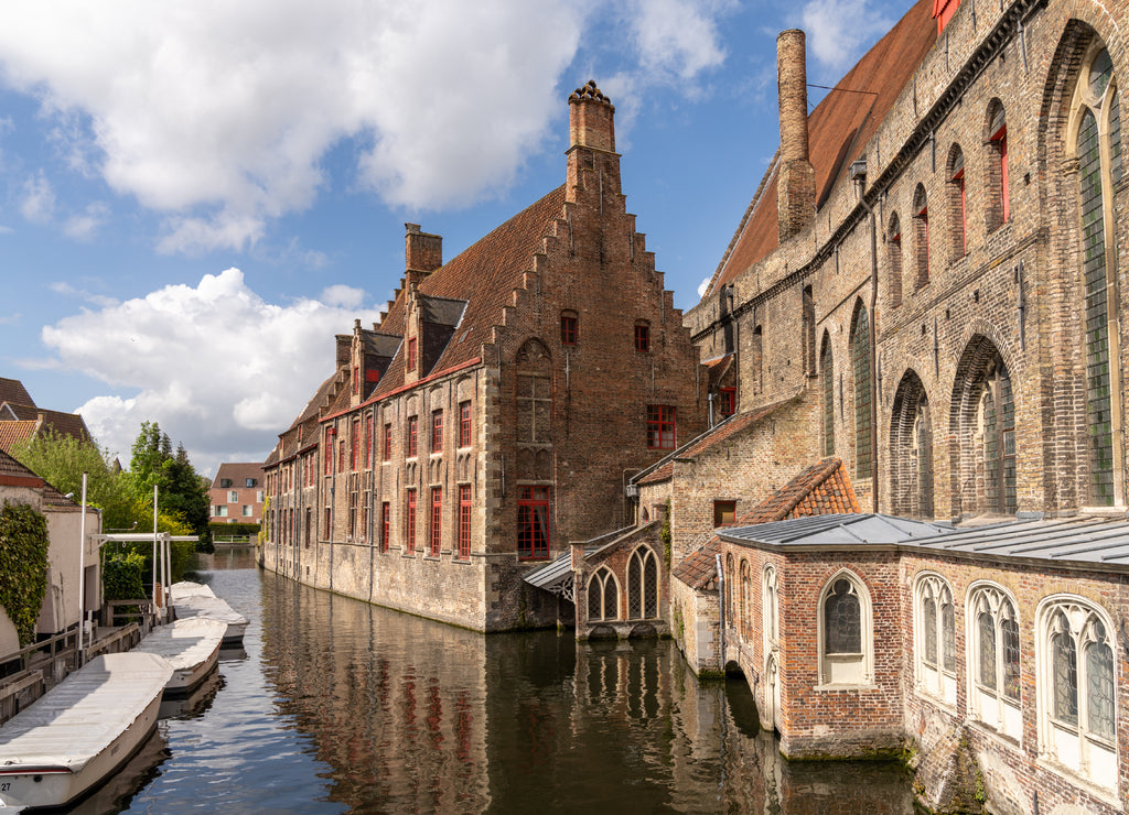 View of the historic city center and canals in downtown Bruges