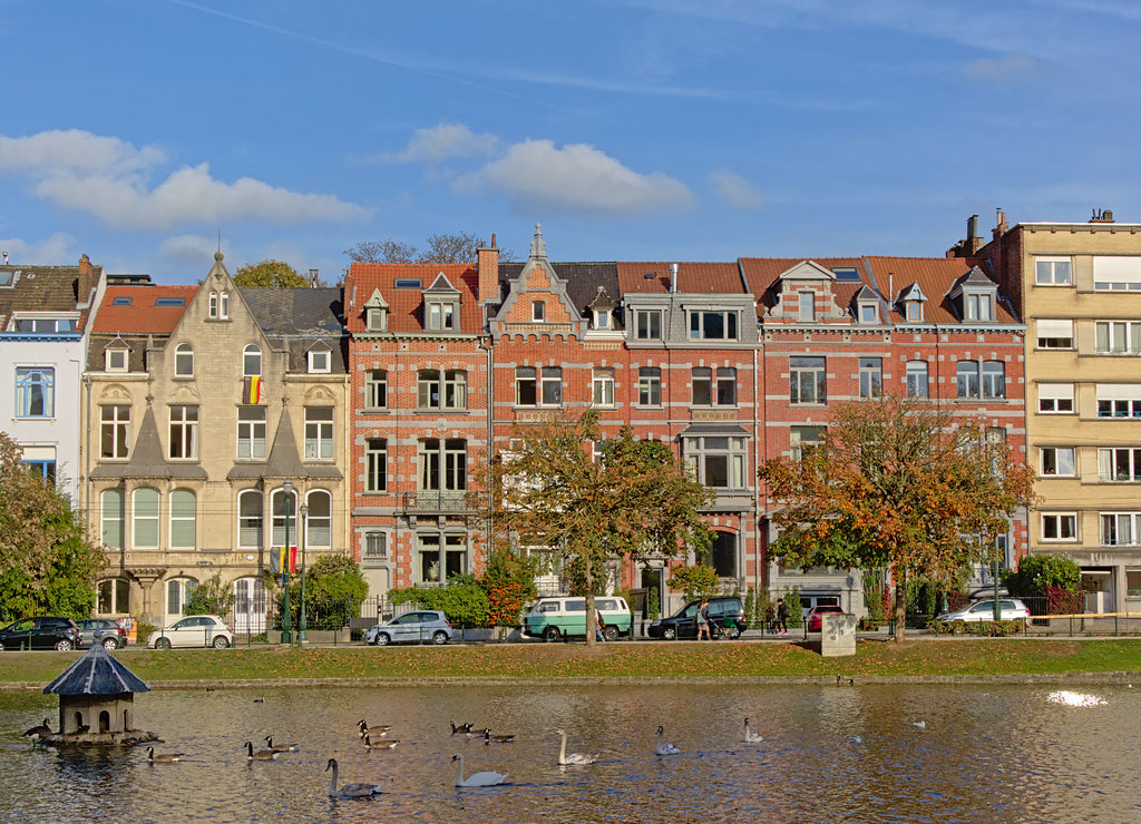 Row of houses in eclectic art nouveau style on the embankment of Ixelles lakes, Brussels, Belgium