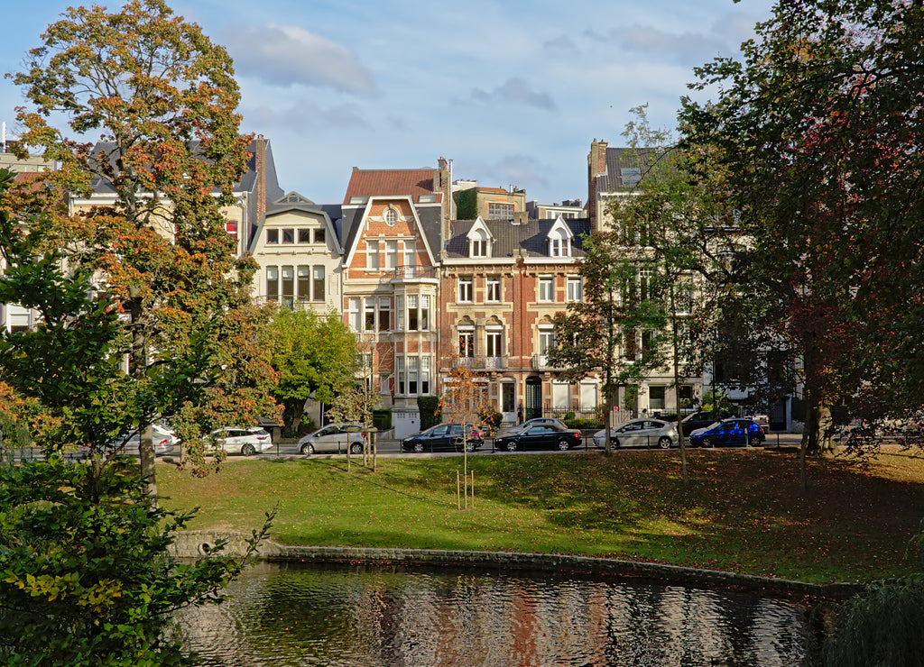 Buildings in eclectic art nouveau style on the embankment of Ixelles lakes, Brussels, Belgium